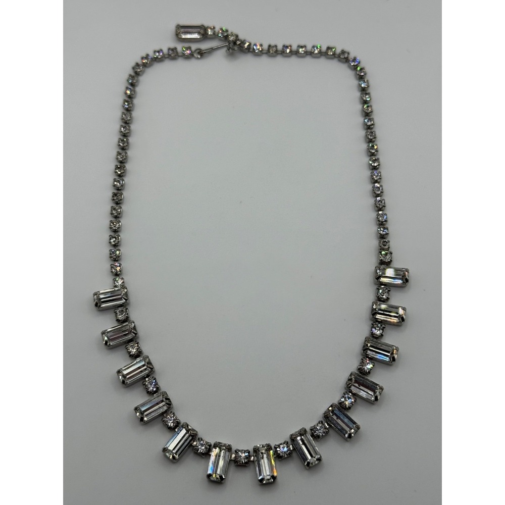 Vintage Weiss Necklace Clear Rhinestone Baguette Choker Silver Tone